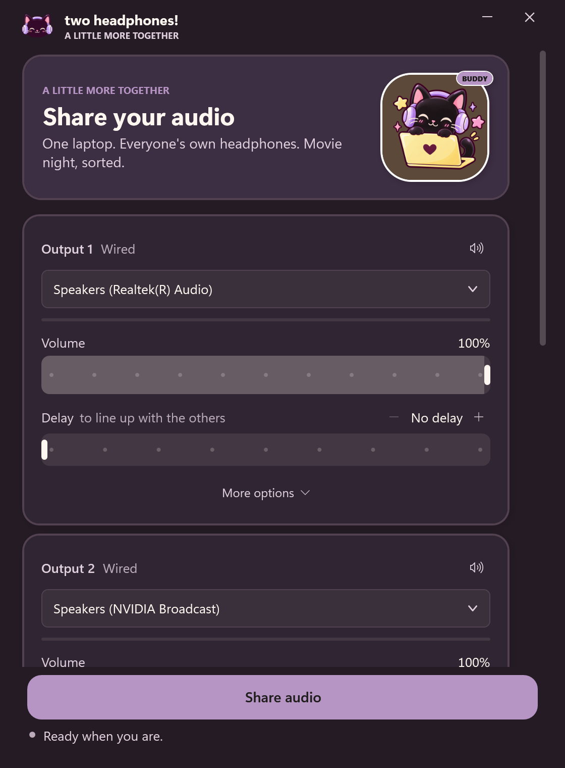 Two Headphones for Windows, with the headphone-cat mascot, separate output controls, and a pinned Share audio button