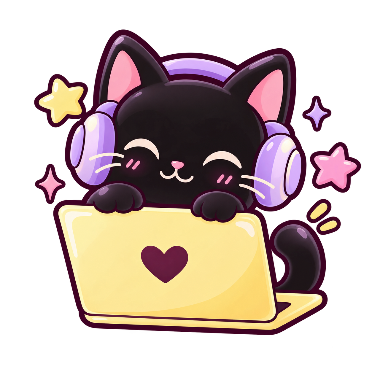 A happy black cat wearing lavender headphones and peeking over a yellow laptop